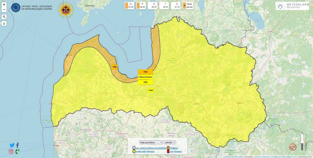 Svētdienas pēcpusdienā un vakarā aktīvie brīdinājumi. Vairāk: https://bridinajumi.meteo.lv/